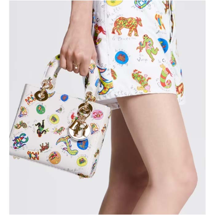 Dior Women CD Small Lady My ABCDIOR Bag White Multicolor Calfskin Dragon Zodiac Print