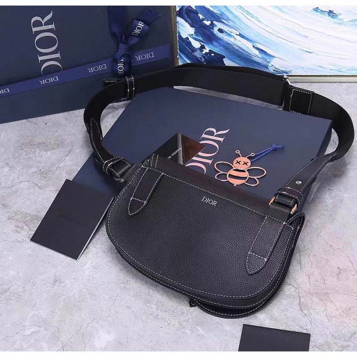 Dior Unisex CD Saddle Pouch Black Grained Calfskin Leather