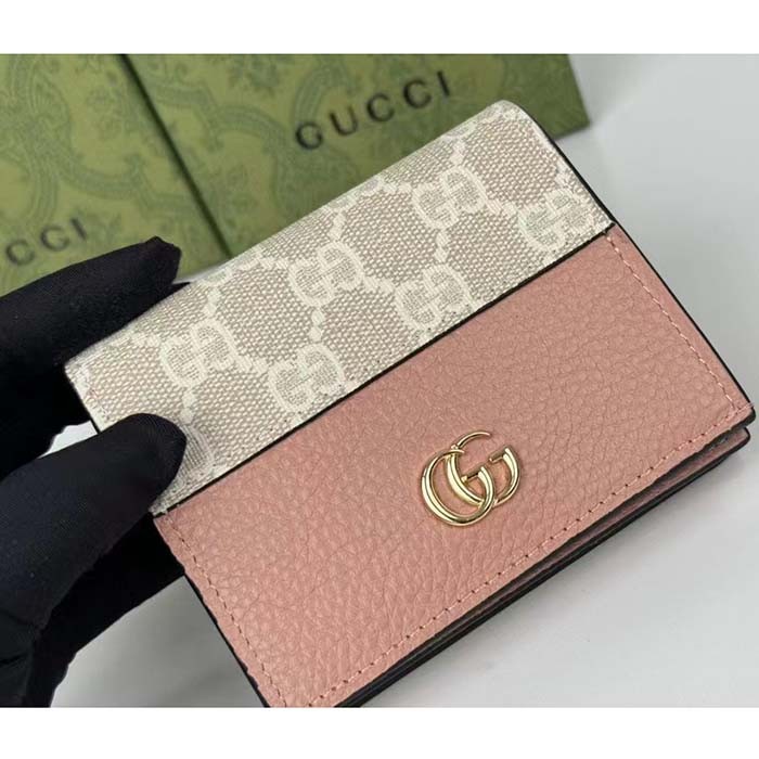 Gucci Unisex GG Marmont Card Case Wallet Double G Pink White GG Supreme Canvas Pink Leather Style ‎658610 AACFE 5945