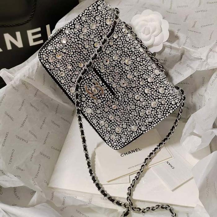 Chanel CC Women Mini Flap Bag Satin Strass Silver-Tone Metal Silver