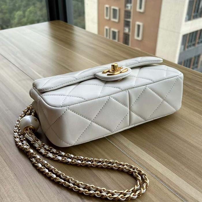 Chanel Women CC Mini Flap Bag Lambskin Imitation Pearls White