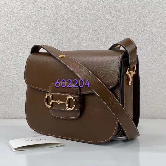 Gucci Women Horsebit 1955 Shoulder Bag Brown Textured Leather Vintage Effect Flap Closure