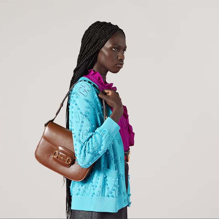 Gucci Women Horsebit 1955 Shoulder Bag Brown Textured Leather Vintage Effect Flap Closure