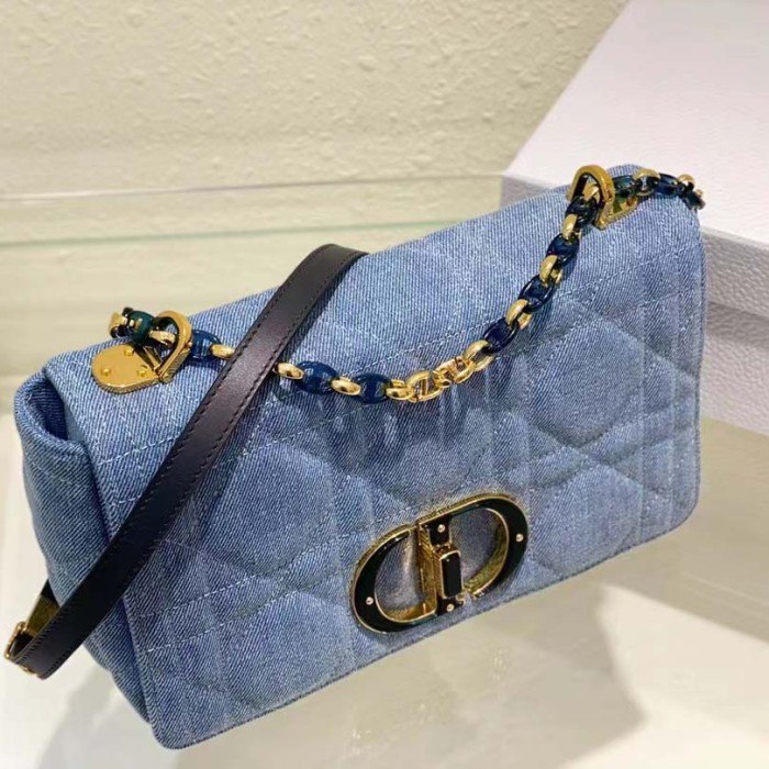 Dior Women CD Medium Dior Caro Bag Bright Blue Macrocannage Denim