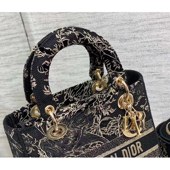 Dior Women CD Medium Lady D-Lite Bag Black Multicolor Jardin D'Hiver Embroidered Cotton