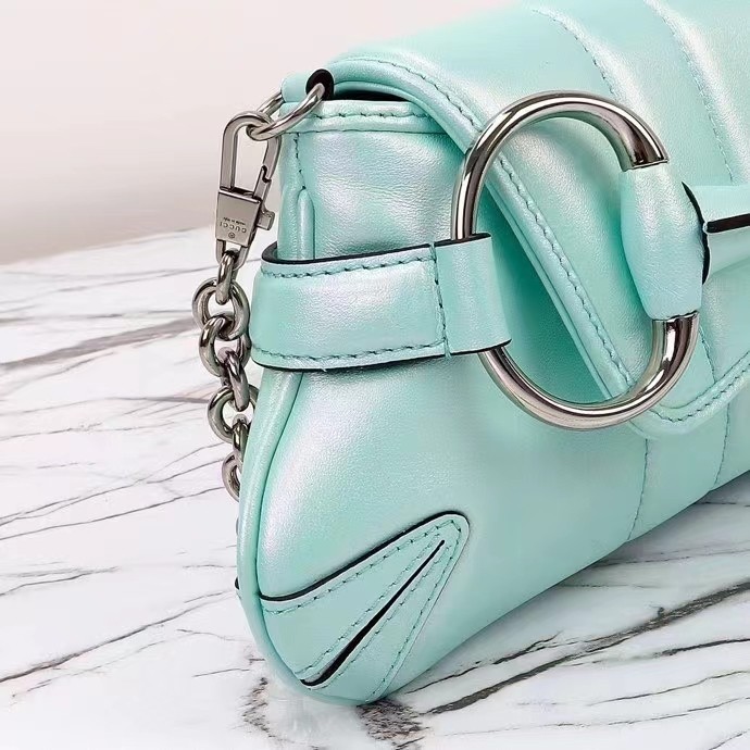 Gucci Women GG Horsebit Chain Small Shoulder Bag Light Blue Quilted Leather Maxi Horsebit Style ‎764339 AACU1 4811