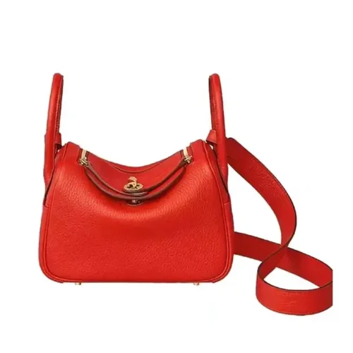 Hermes Women Lindy Mini 19 in Clemence Leather-Red/Gold