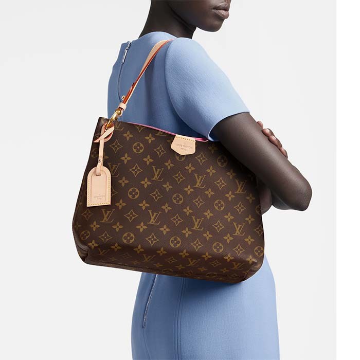 Louis Vuitton LV Unisex Graceful MM Hobo Pivoine Pink Monogram Coated Canvas