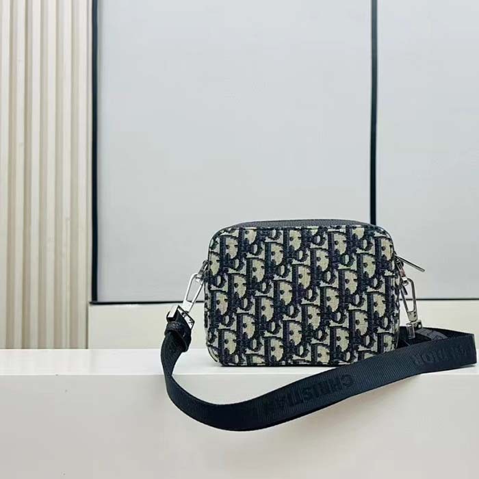 Dior Unisex CD Pouch Strap Beige Black Dior Oblique Jacquard Double Zipped Pocket