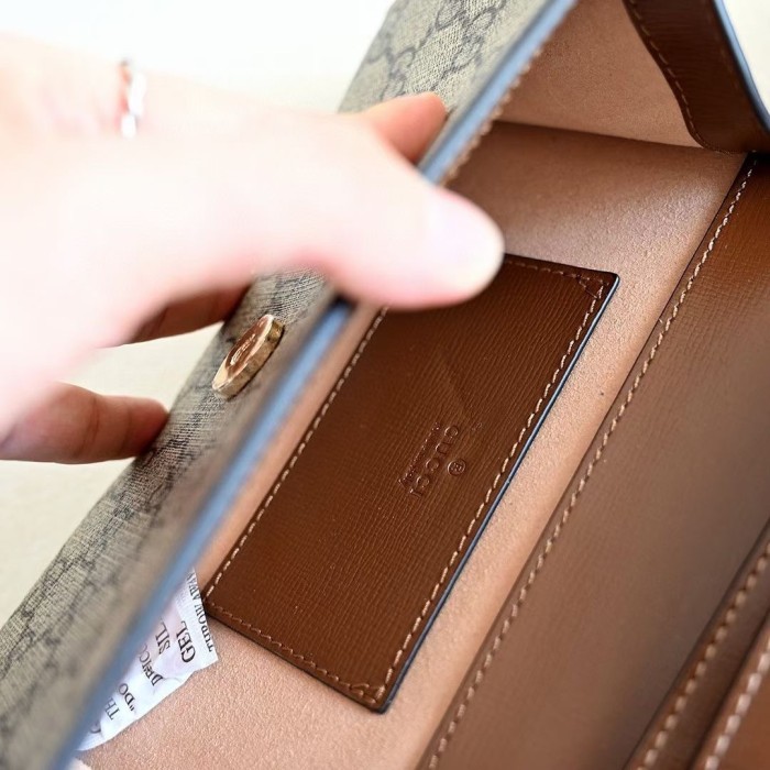 Gucci Women GG Horsebit 1955 Mini Bag Brown Beige Ebony GG Supreme Canvas