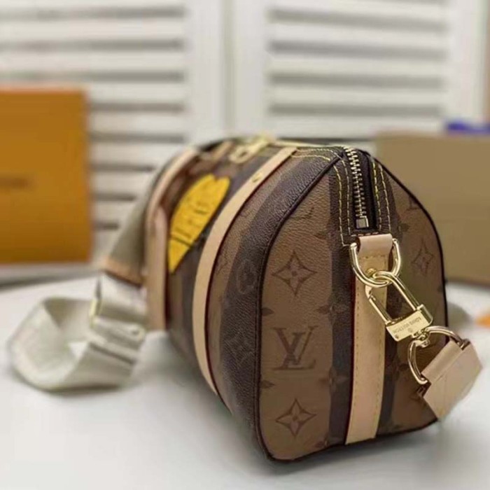 Louis Vuitton LV Unisex City Keepall Bag Monogram Stripes Brown Coated Canvas