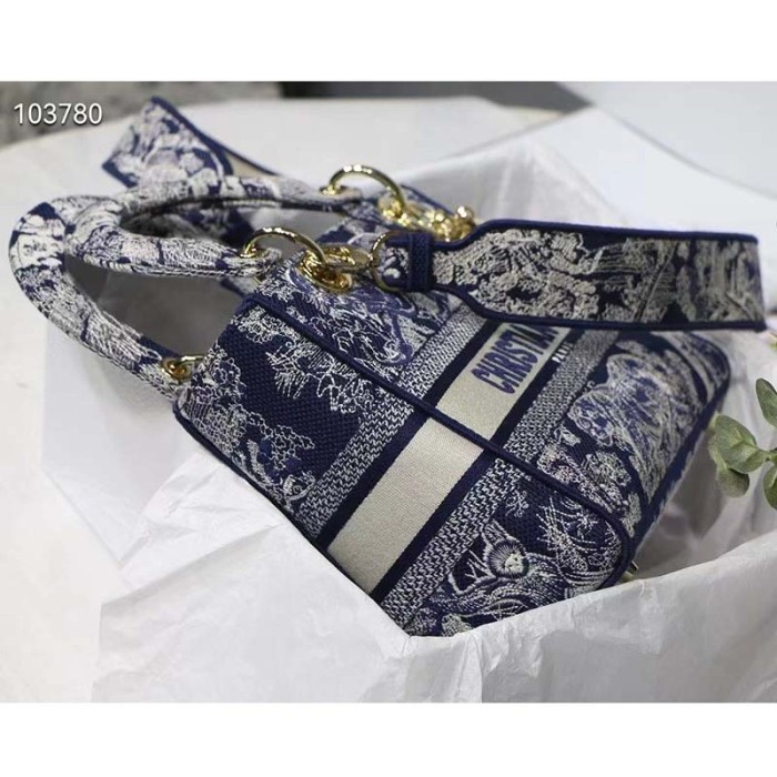 Dior Women CD Medium Lady D-Lite Bag Blue Toile De Jouy Reverse Embroidery