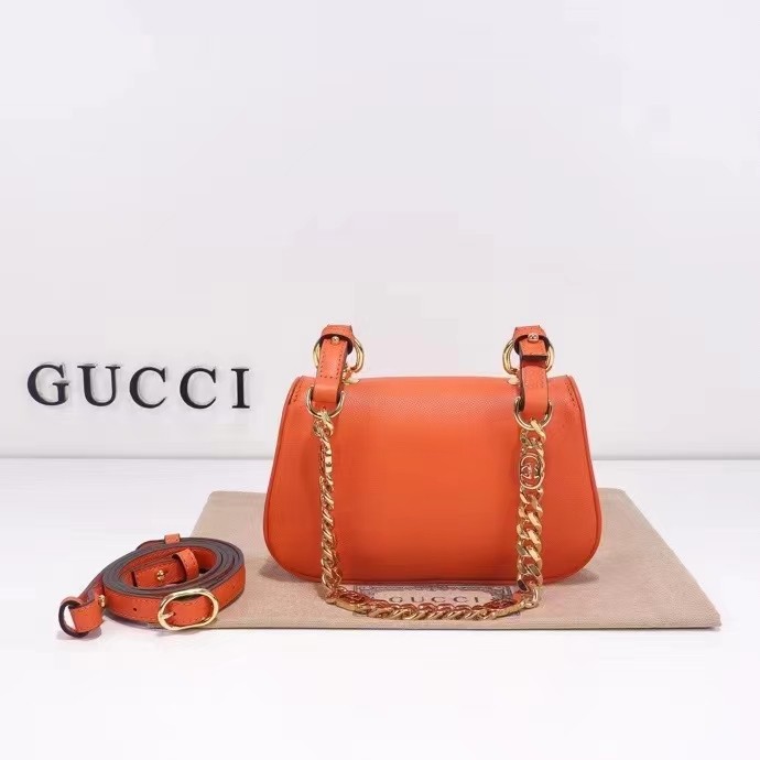 Gucci Women GG Blondie Mini Shoulder Bag Orange Leather Round Interlocking G Chain