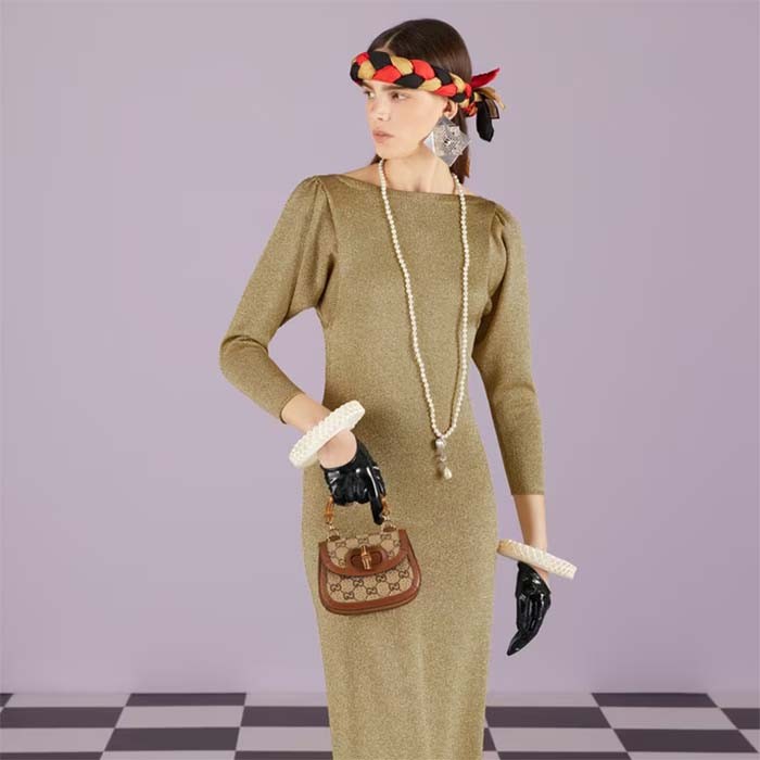 Gucci Women Bamboo 1947 Mini Top Handle Bag Beige Ebony Canvas GG Crystal