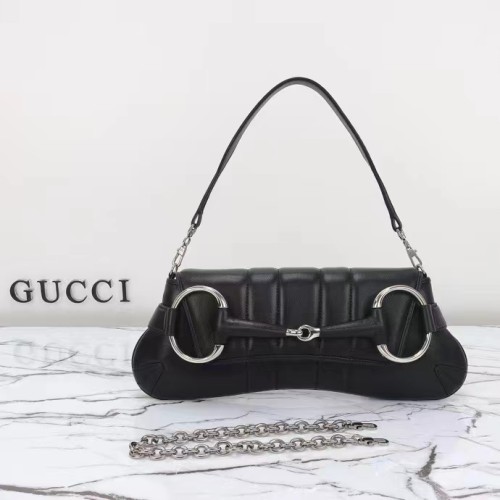 Gucci Women Horsebit Chain Medium Shoulder Bag Black Quilted Leather Maxi Horsebit