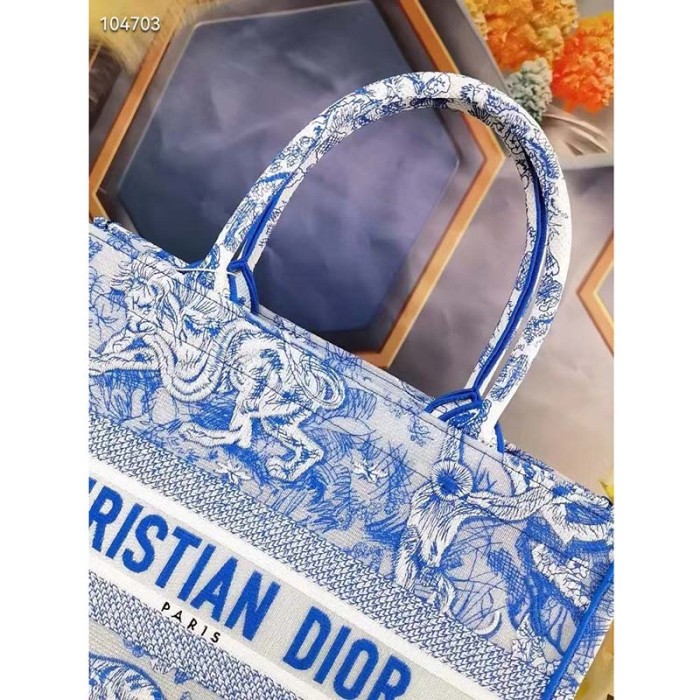 Dior Unisex CD Medium Book Tote Fluorescent Blue Toile De Jouy Reverse Embroidery