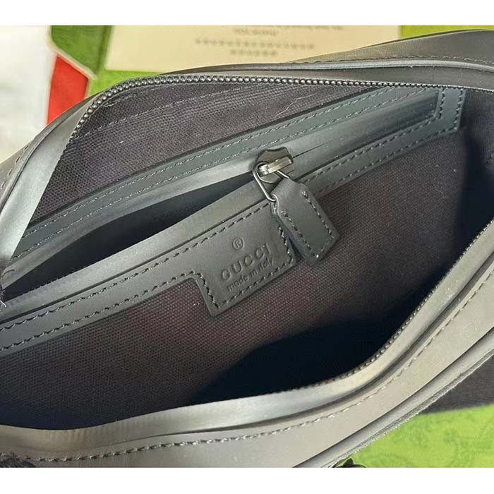 Gucci Unisex GG Crossbody Bag Black Rubber-Effect Leather Cotton Linen Lining