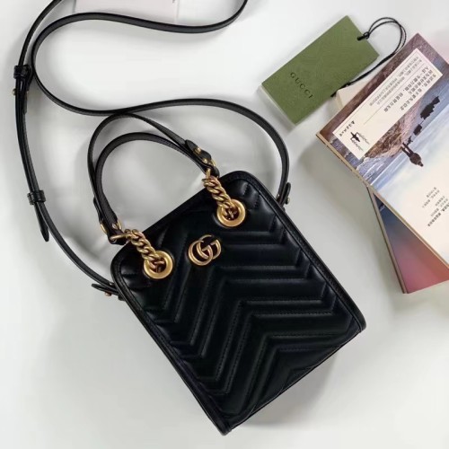 Gucci Women GG Marmont Matelassé Mini Bag Chevron Leather Double G Black