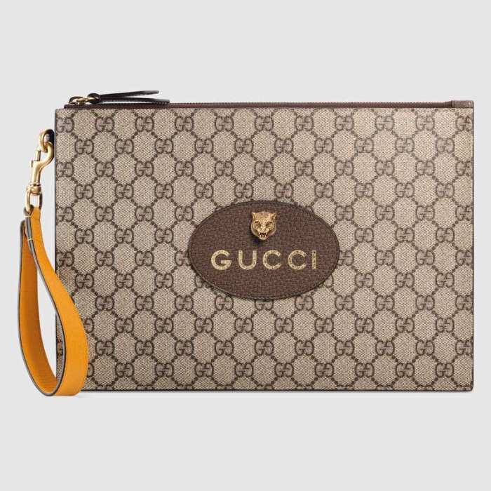 Gucci GG Unisex Neo Vintage GG Supreme Pouch in Beige/Ebony GG Supreme Canvas