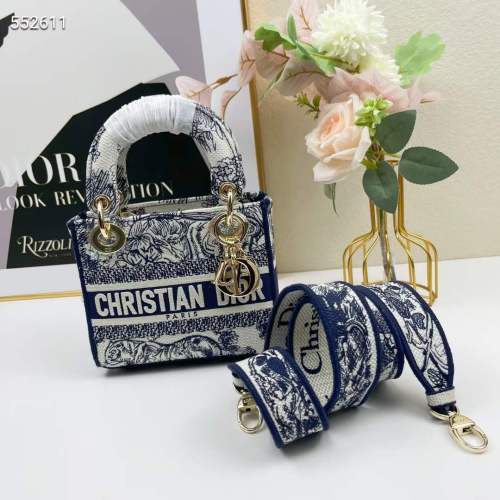 Dior Women CD Mini Lady D-Lite Bag White Navy Toile De Jouy Embroidery