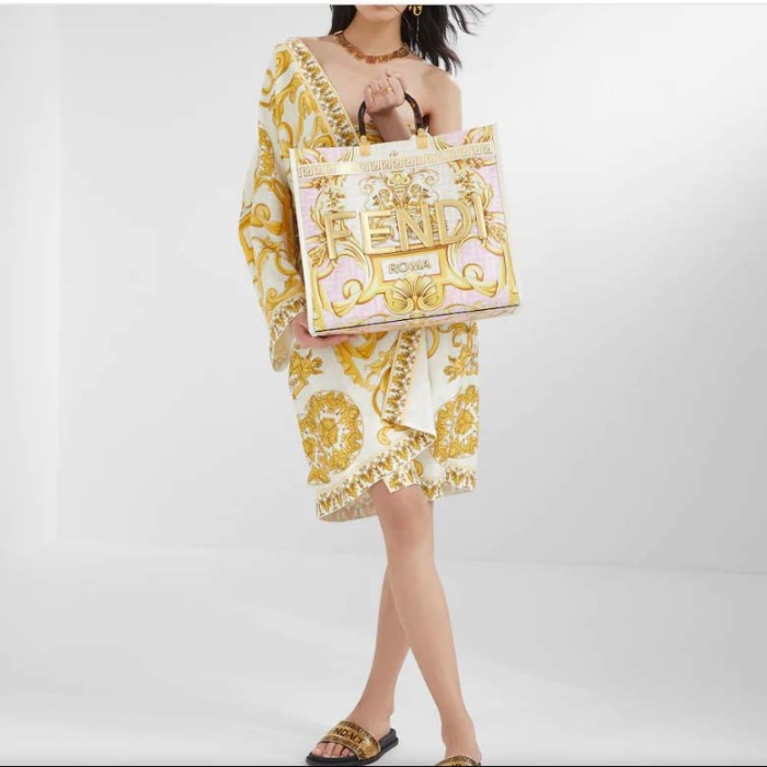 Fendi Women Fendi Sunshine Medium Fendace Printed FF White Leather Shopper