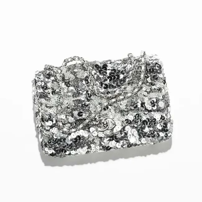 Chanel Women Flap Bag Sequins Silver Tone Metal AS4561
