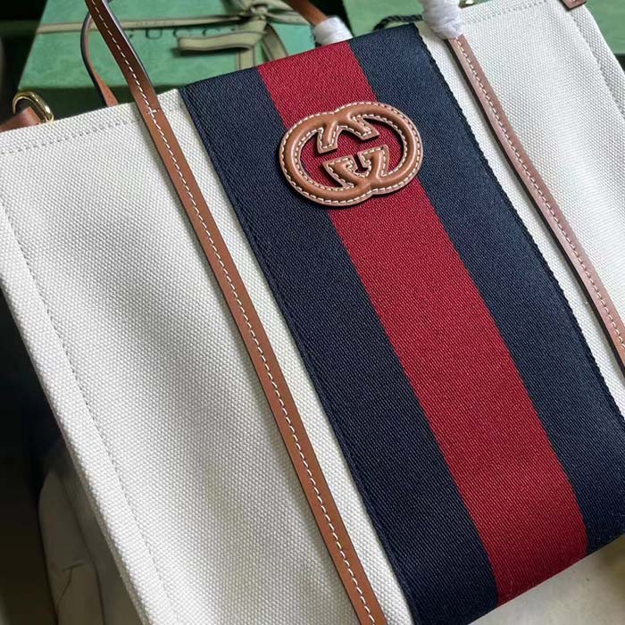 Gucci Women GG Small Interlocking G Tote Bag White Cotton Canvas