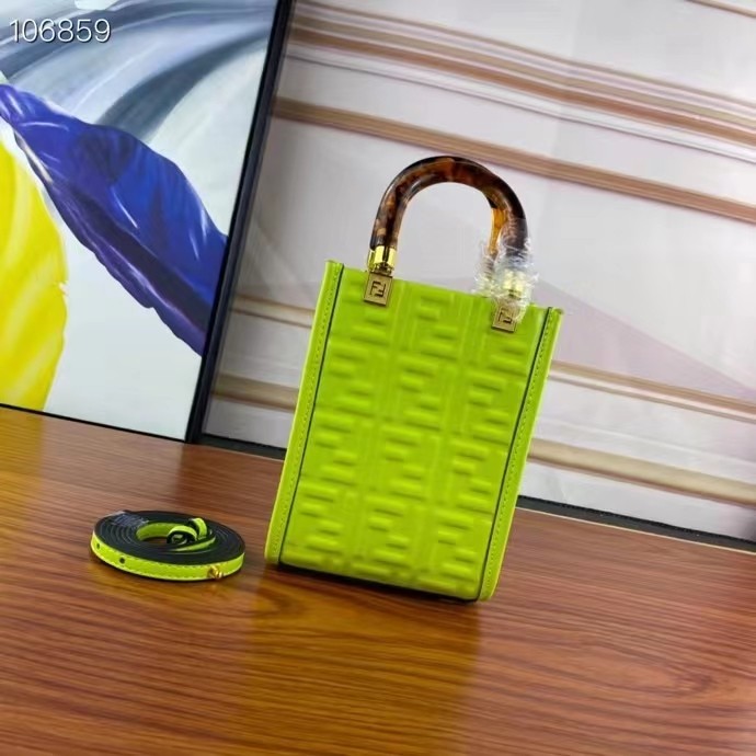 Fendi Women FF Mini Sunshine Shopper Acid Green Leather Mini Bag