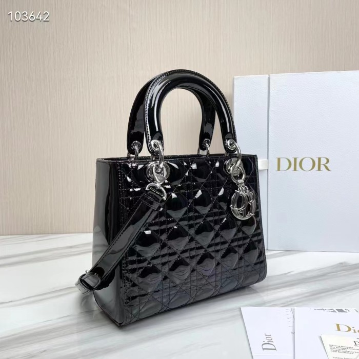 Dior Women CD Medium Lady Dior Bag Black Patent Cannage Calfskin