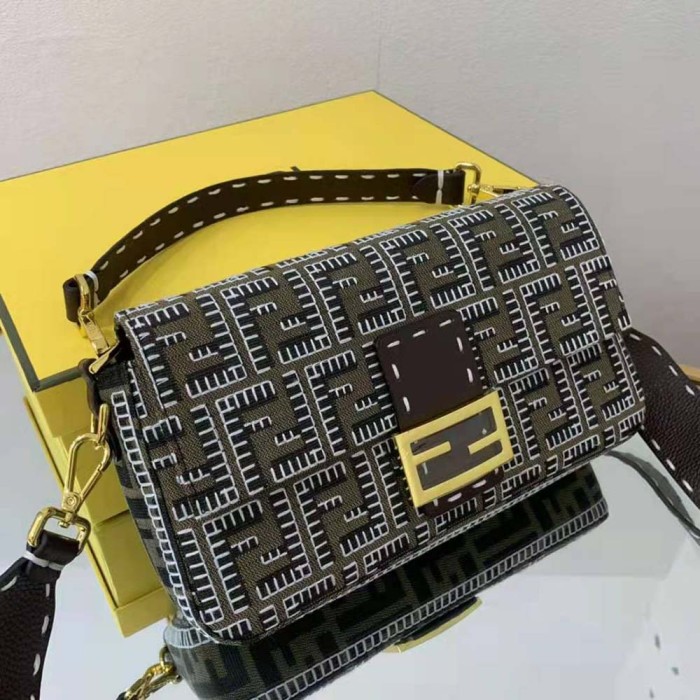 Fendi Women Baguette Embroidered FF Fabric Bag