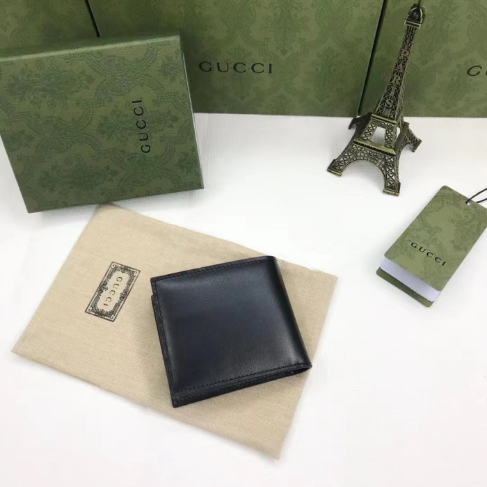 Gucci Unisex GG Marmont Leather Bi-Fold Wallet Black Smooth Leather Double G