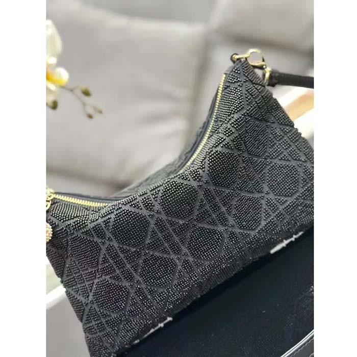 Dior Women CD Dior Dream Bag Black Cannage Cotton Bead Embroidery