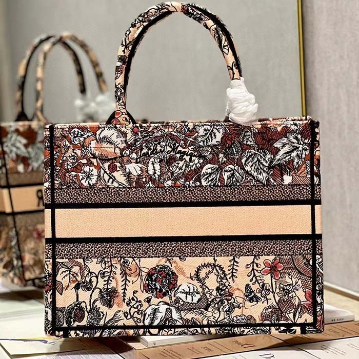 Dior Women CD Medium Book Tote Powder Pink Jardin Magique Embroidery