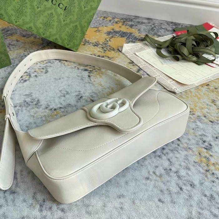 Gucci Women GG Aphrodite Shoulder Bag White Soft Leather Magnetic Closure Double G