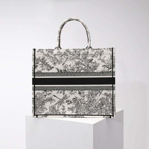 Dior Women Large Dior Book Tote Blue Toile De Jouy Flowers Embroidery