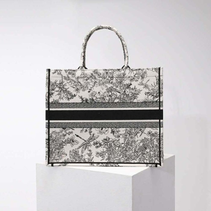 Dior Women Large Dior Book Tote Blue Toile De Jouy Flowers Embroidery