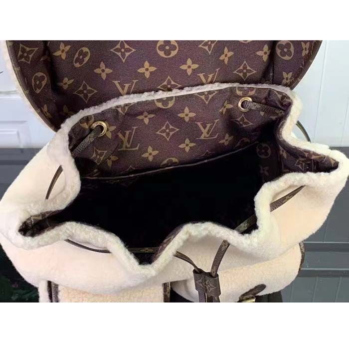 Louis Vuitton LV Unisex Backpack Cream Brown Shearling Monogram-Canvas Textile Lining