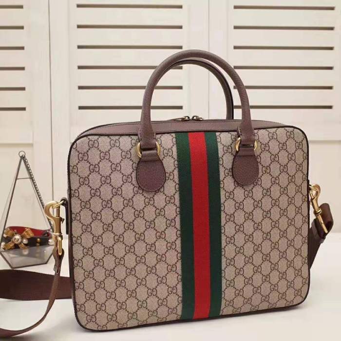 Gucci GG Men Ophidia GG Briefcase in Beige/Ebony Soft GG Supreme Canvas