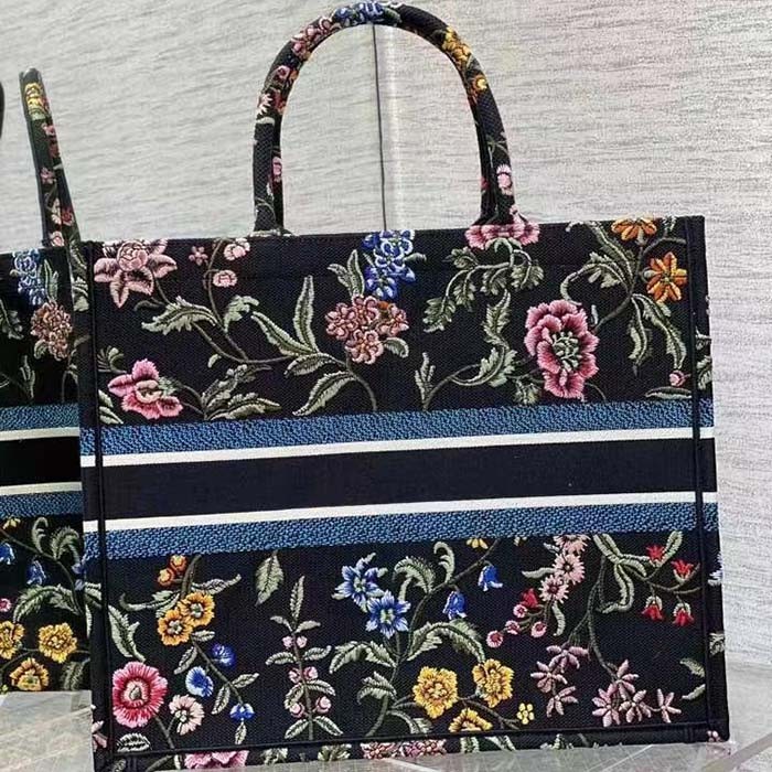 Dior Women CD Large Book Tote Black Multicolor Dior Petites Fleurs Embroidery