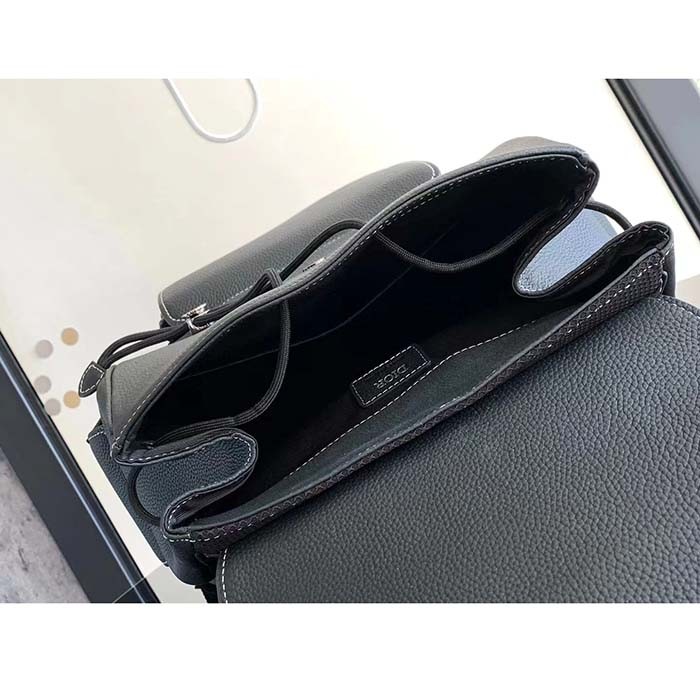 Dior Unisex CD Saddle Backpack Black Grained Calfskin Leather Flap Drawstring Closure