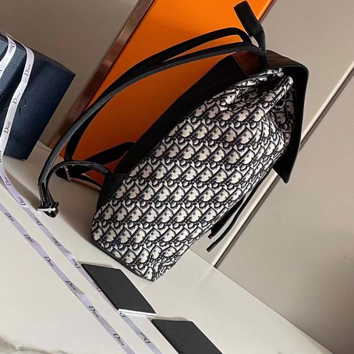 Dior Unisex CD Motion Backpack Beige Black Oblique Jacquard Black Grained Calfskin