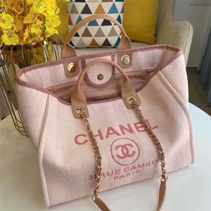 Chanel Women Deanville Shopping Bag Canvas Leather Mixed Fibers Pink