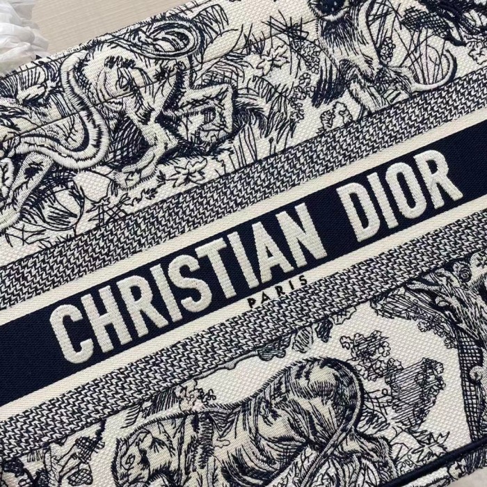 Dior Unisex CD Medium Book Tote Navy Blue Toile De Jouy Embroidery