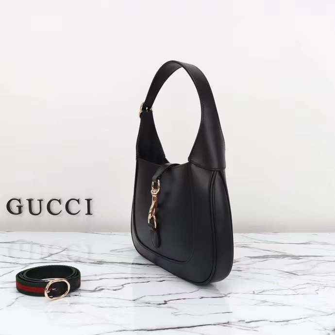 Gucci Women GG Jackie Small Shoulder Bag Black Leather Hook Closure