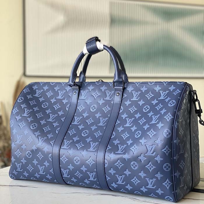 Louis Vuitton LV Unisex Keepall Bandoulière 50 Navy Blue Cabin Monogram Shadow Cowhide