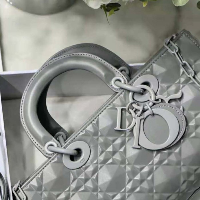 Dior Women Lady D-Joy Bag Gray Cannage Calfskin with Diamond Motif