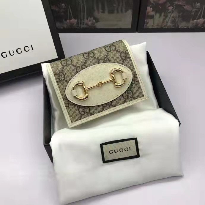 Gucci GG Unisex 1955 Horsebit Card Case Wallet Beige Ebony GG Supreme Canvas