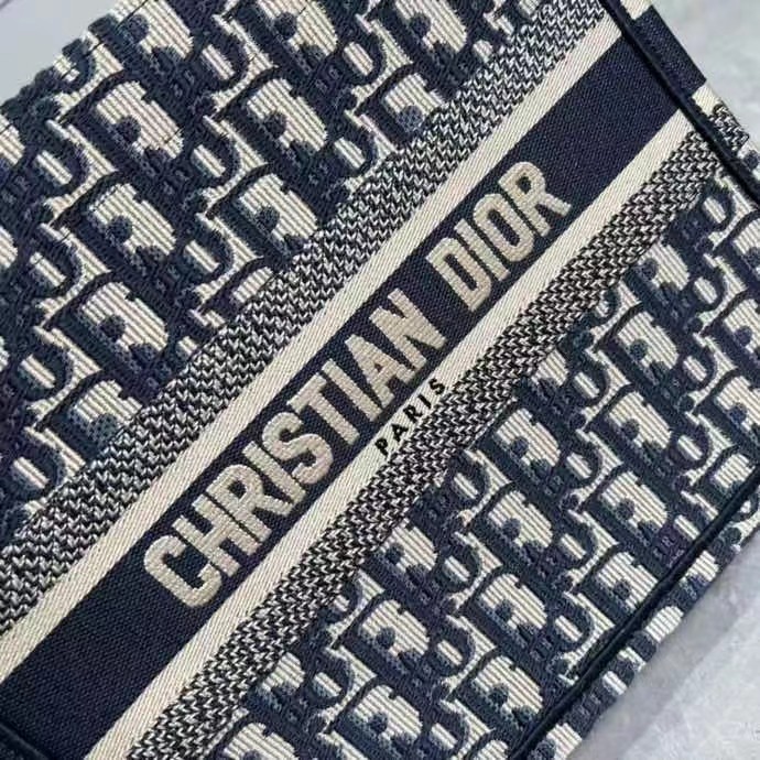 Dior Women Small Dior Book Tote Blue Dior Oblique Embroidery