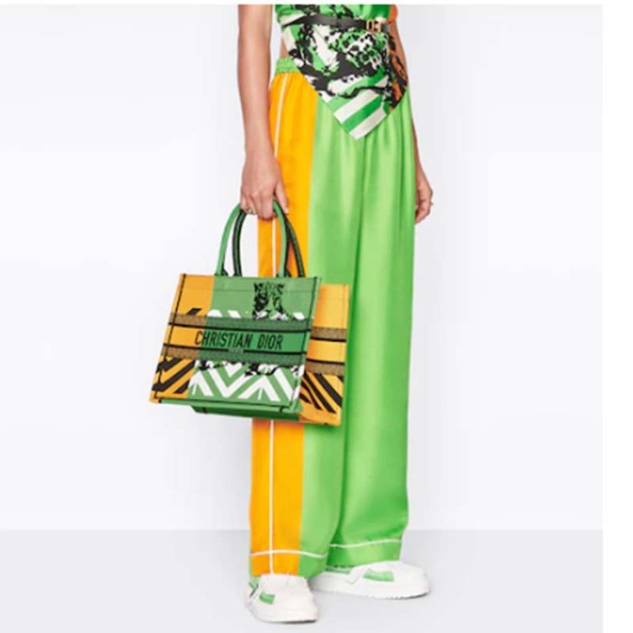 Dior Unisex CD Medium Book Tote Green Orange D-Jungle Pop Embroidery