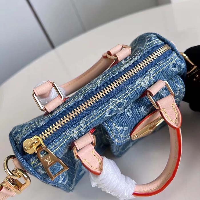 Louis Vuitton LV Unisex Nano Speedy Bag Denim Blue GOTS Monogram Denim Canvas Natural Cowhide Leather